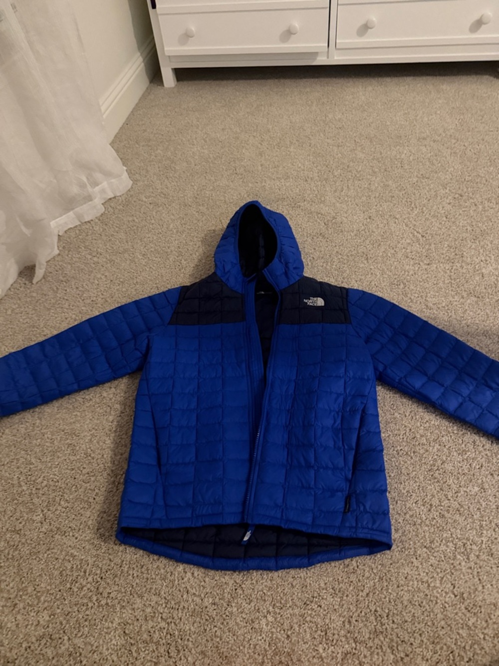 The North Face Boys Royal Blue Hooded Quilted Puffer with Navy Yoke